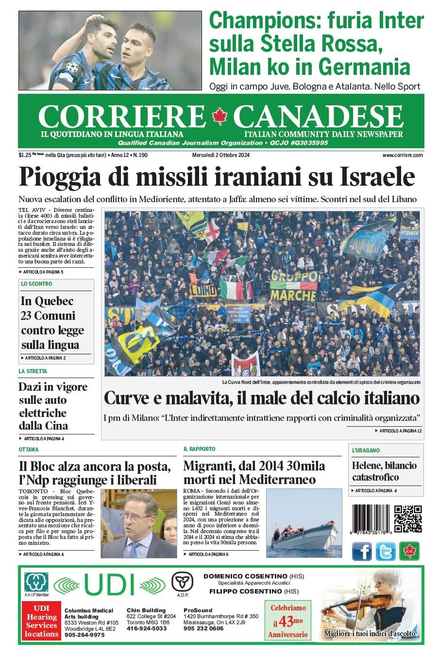 anteprima della prima pagina di corriere-canadese del 02/10/2024