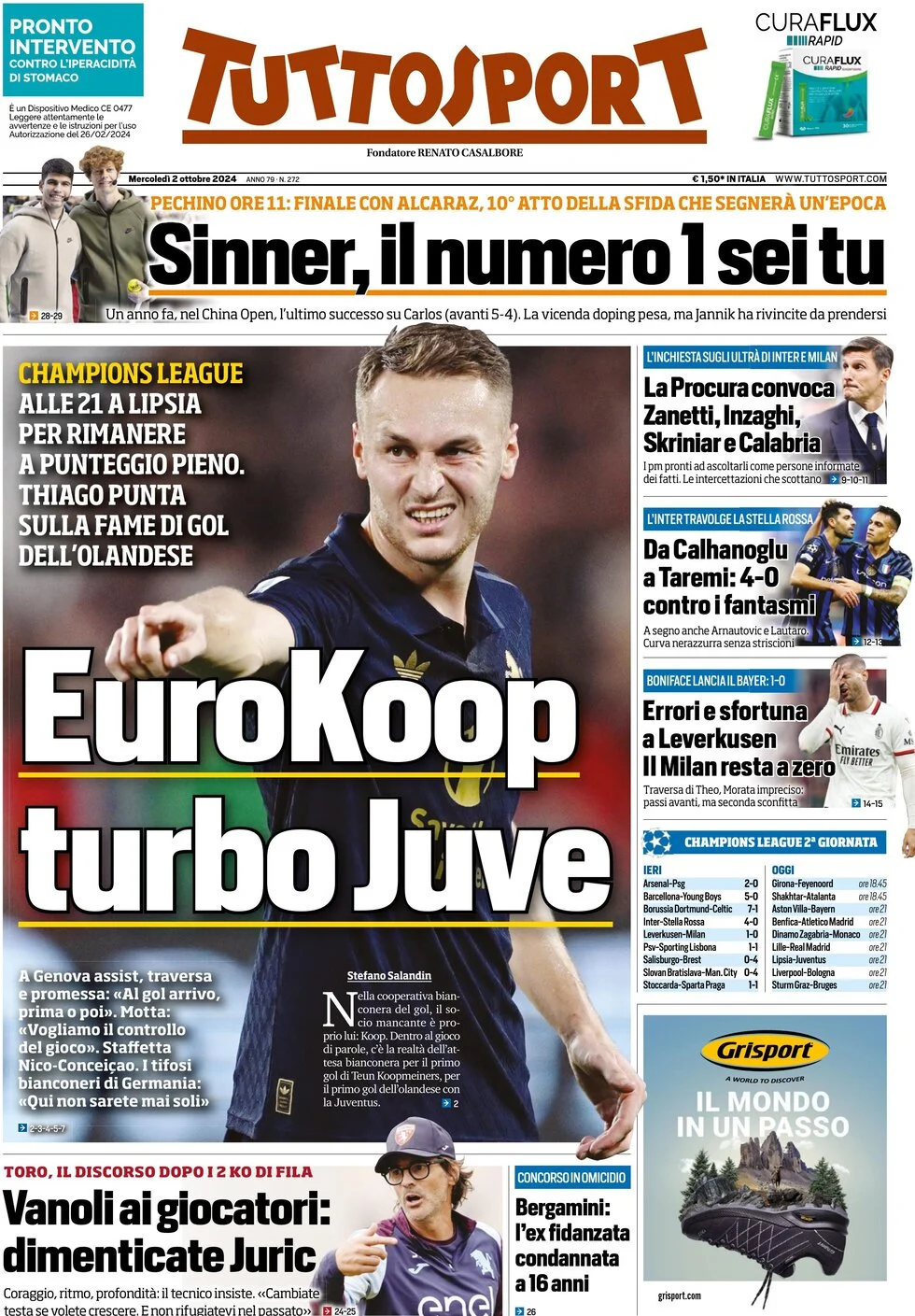 anteprima della prima pagina di tuttosport del 02/10/2024