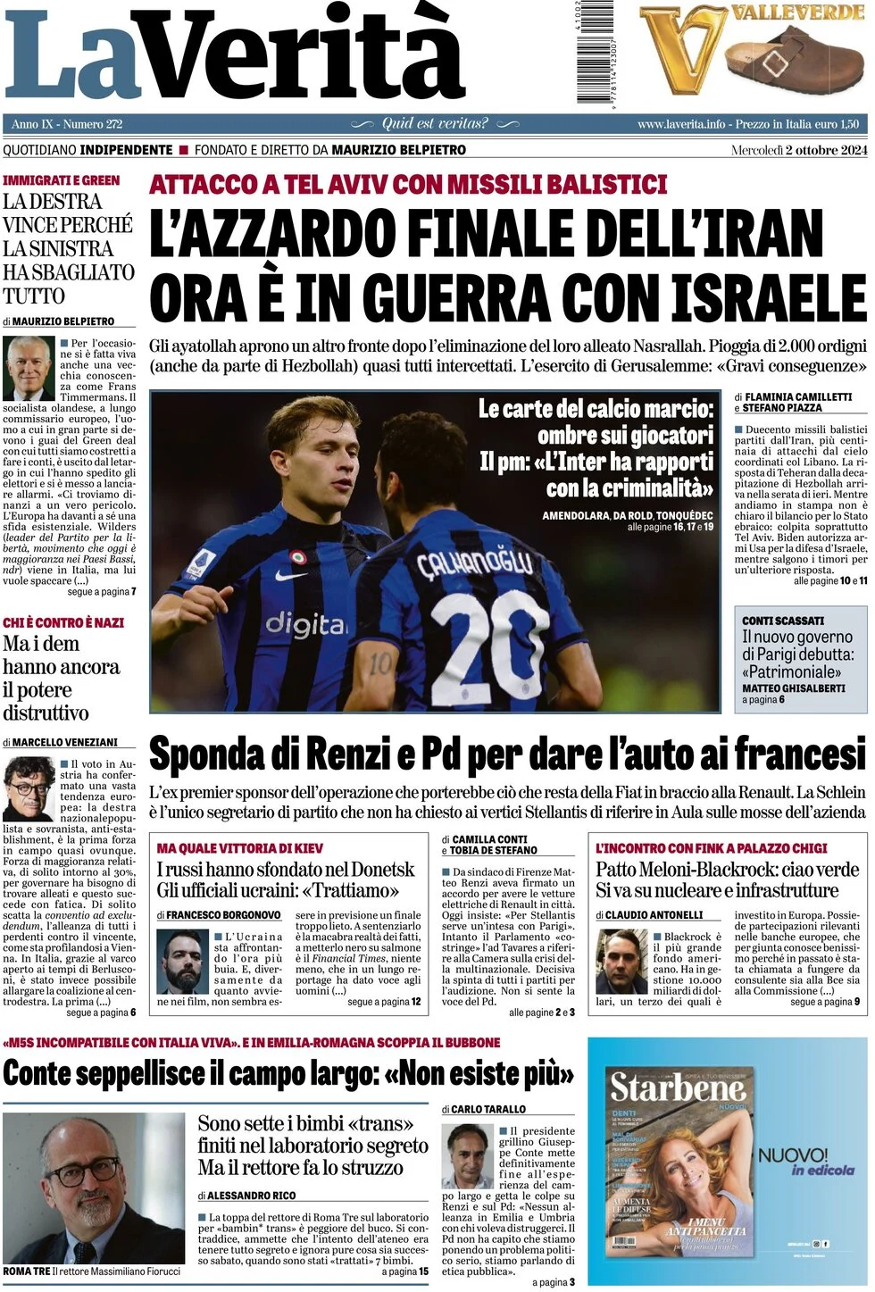 anteprima della prima pagina di la-verit del 02/10/2024