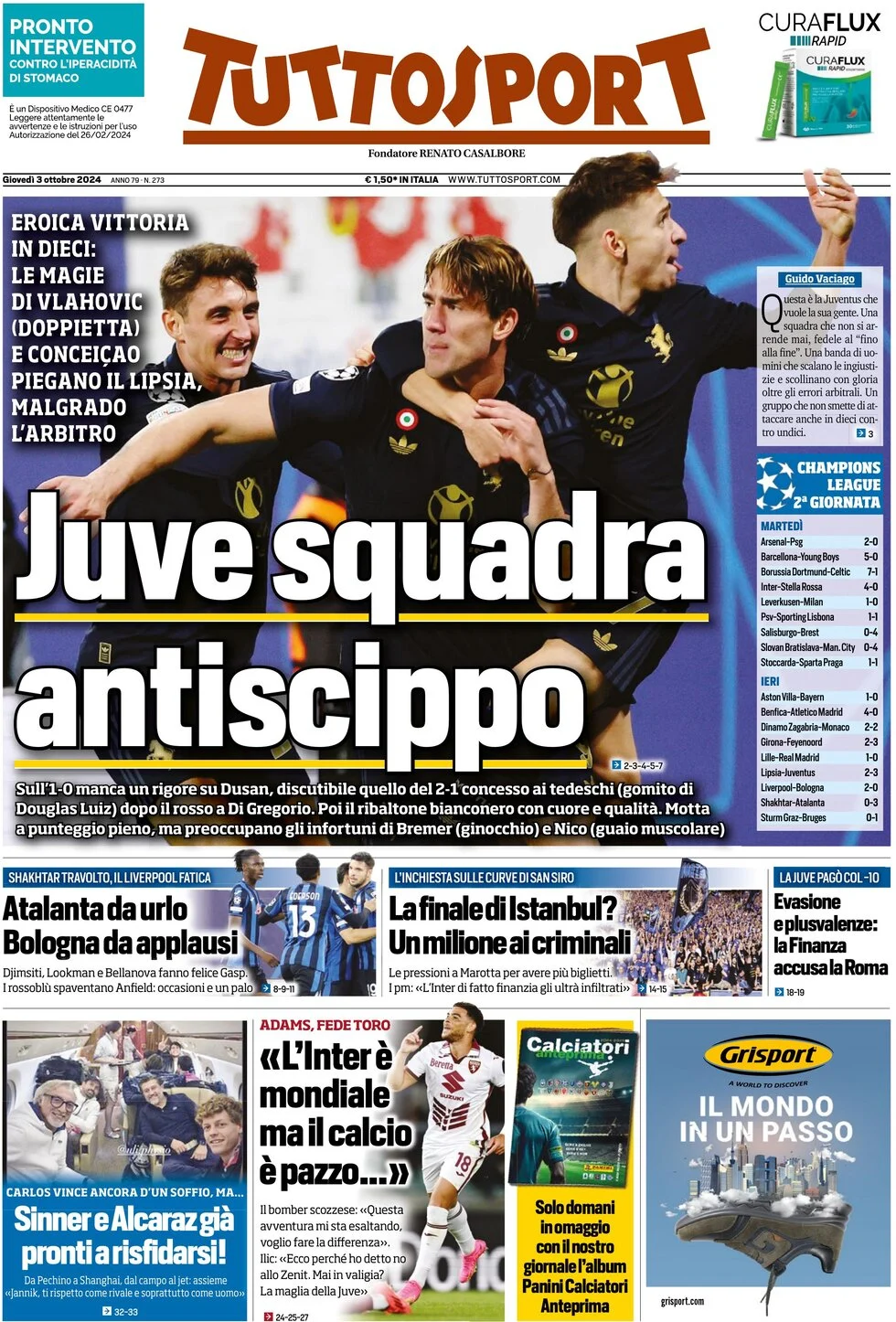 anteprima della prima pagina di tuttosport del 03/10/2024