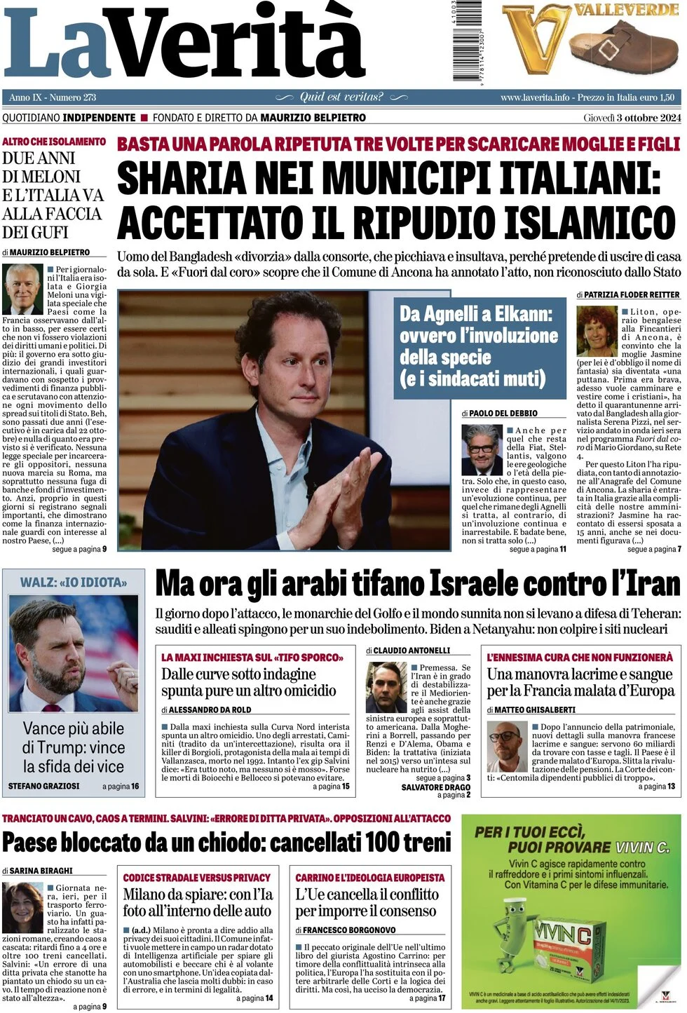 anteprima della prima pagina di la-verit del 03/10/2024