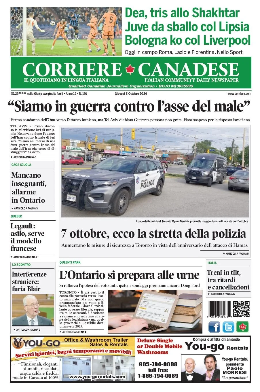 anteprima della prima pagina di corriere-canadese del 03/10/2024
