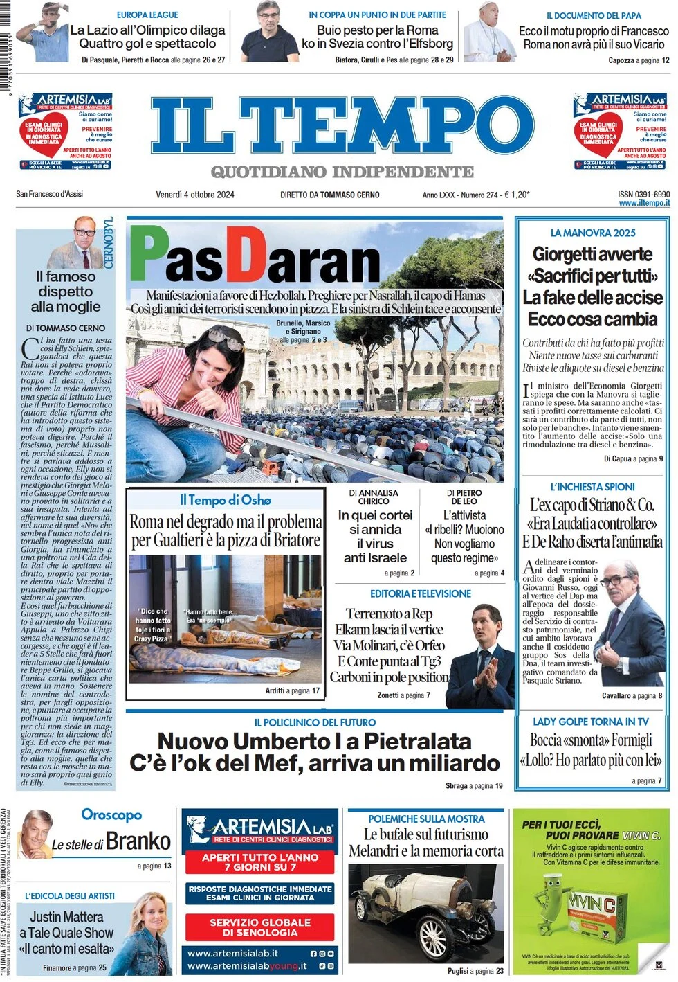 anteprima della prima pagina di il-tempo del 04/10/2024