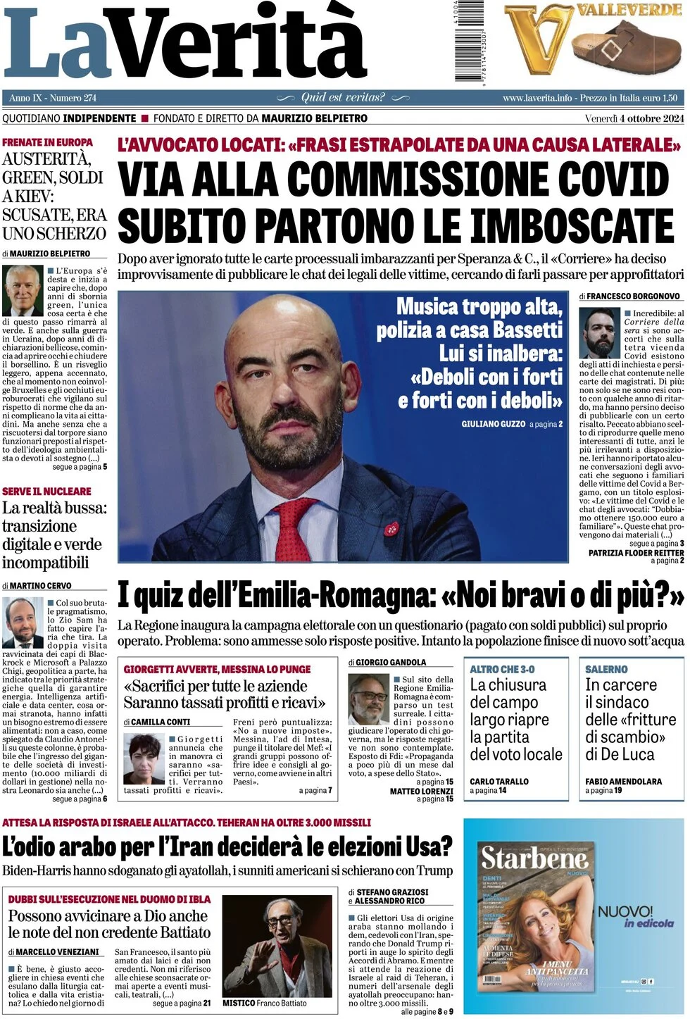 anteprima della prima pagina di la-verit del 04/10/2024