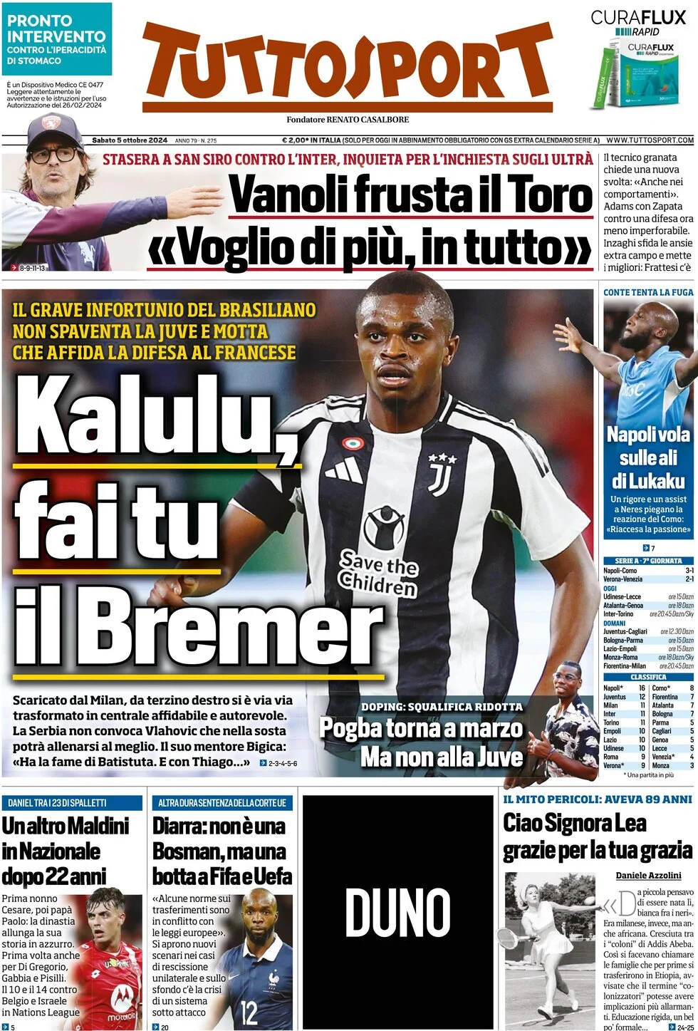anteprima della prima pagina di tuttosport del 05/10/2024