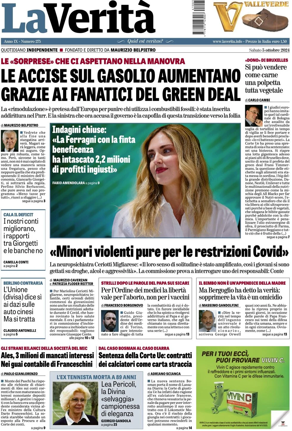 anteprima della prima pagina di la-verit del 05/10/2024