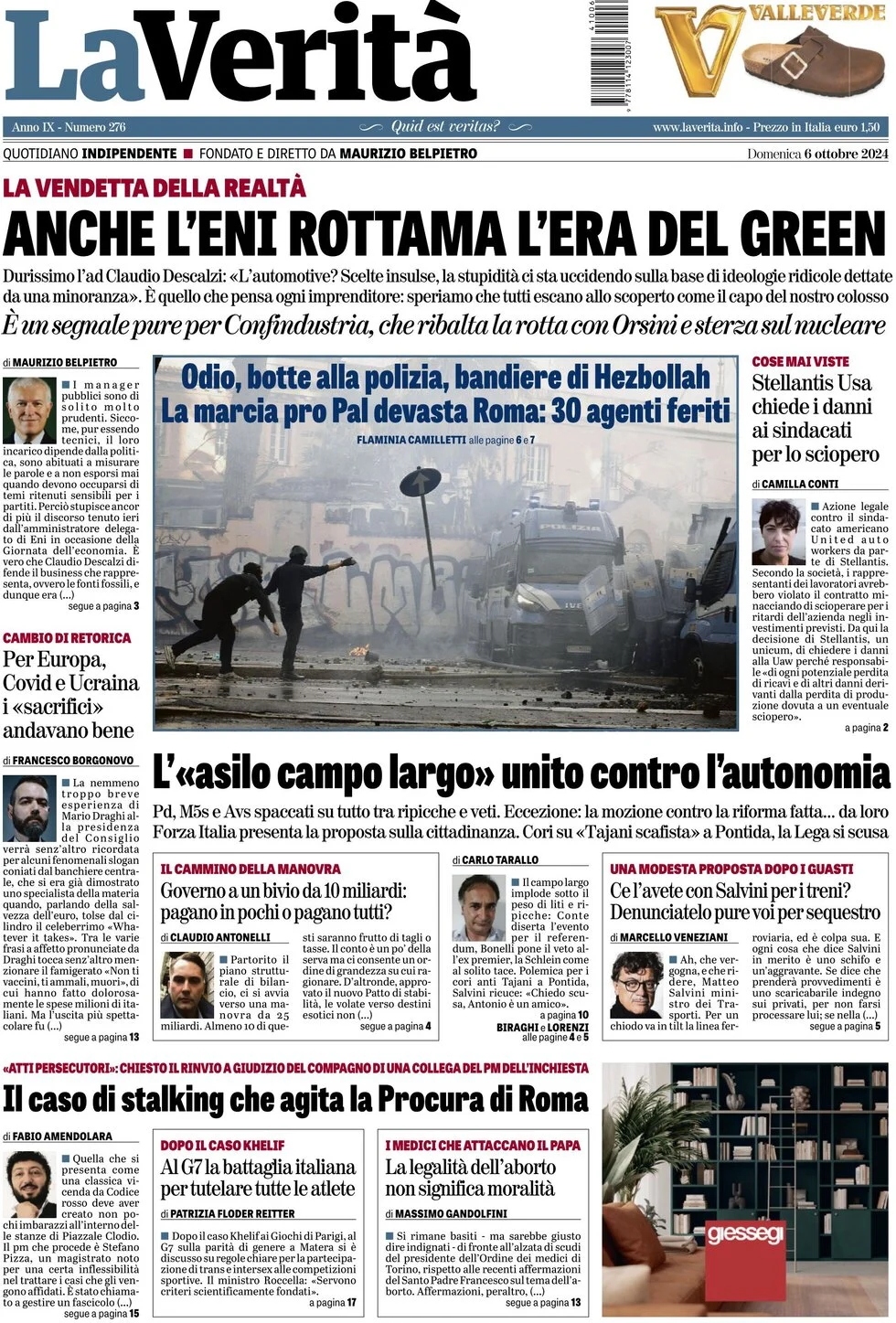 anteprima della prima pagina di la-verit del 06/10/2024