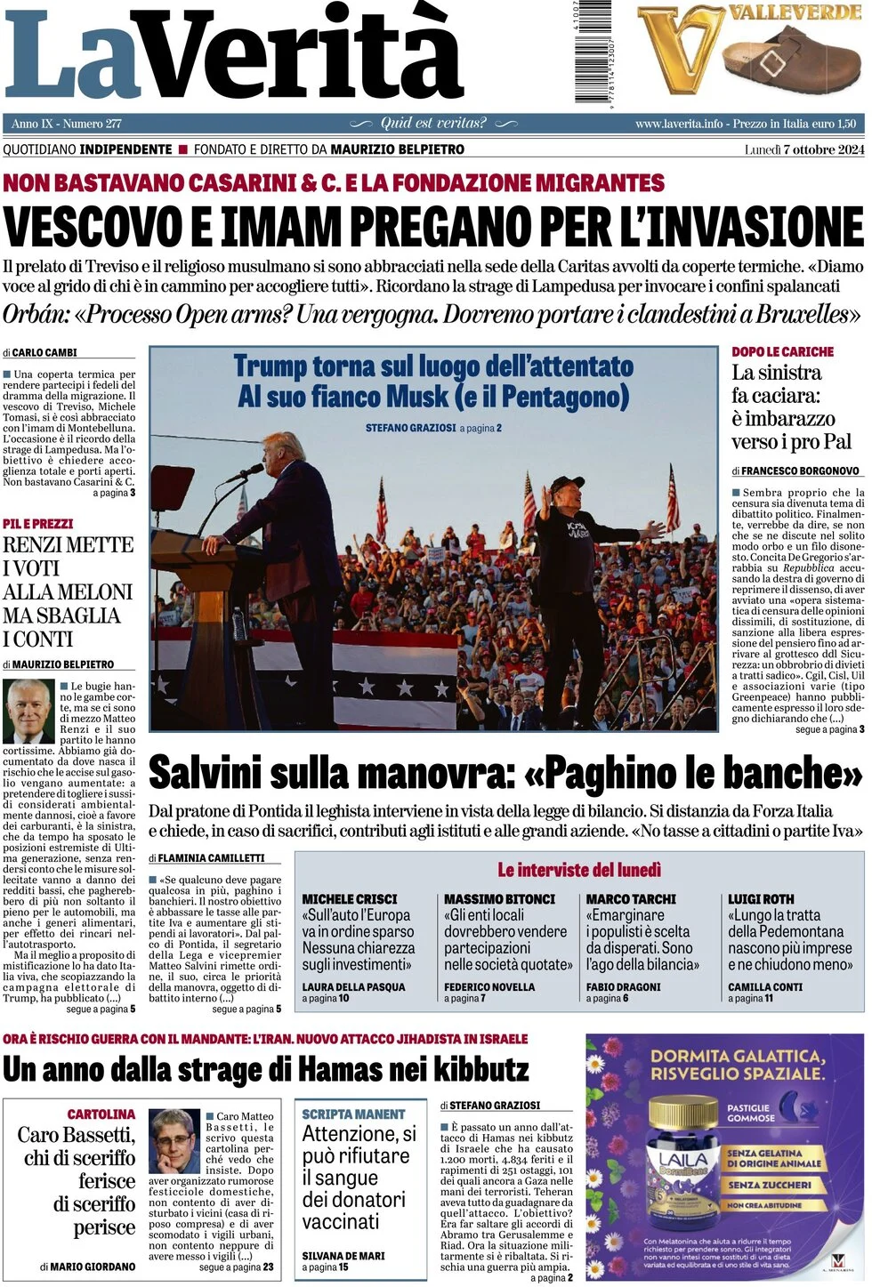 anteprima della prima pagina di la-verit del 07/10/2024