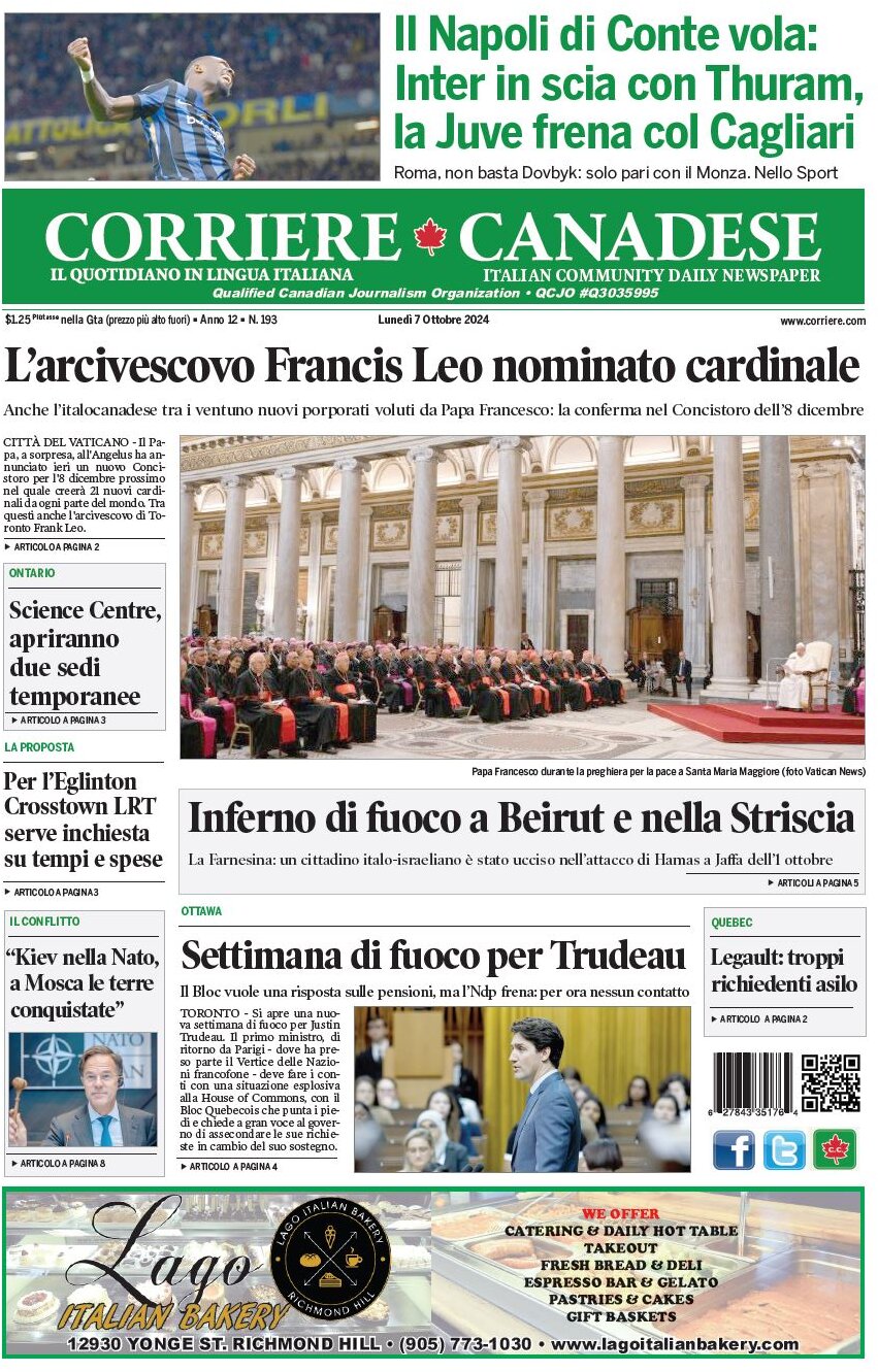 anteprima della prima pagina di corriere-canadese del 07/10/2024