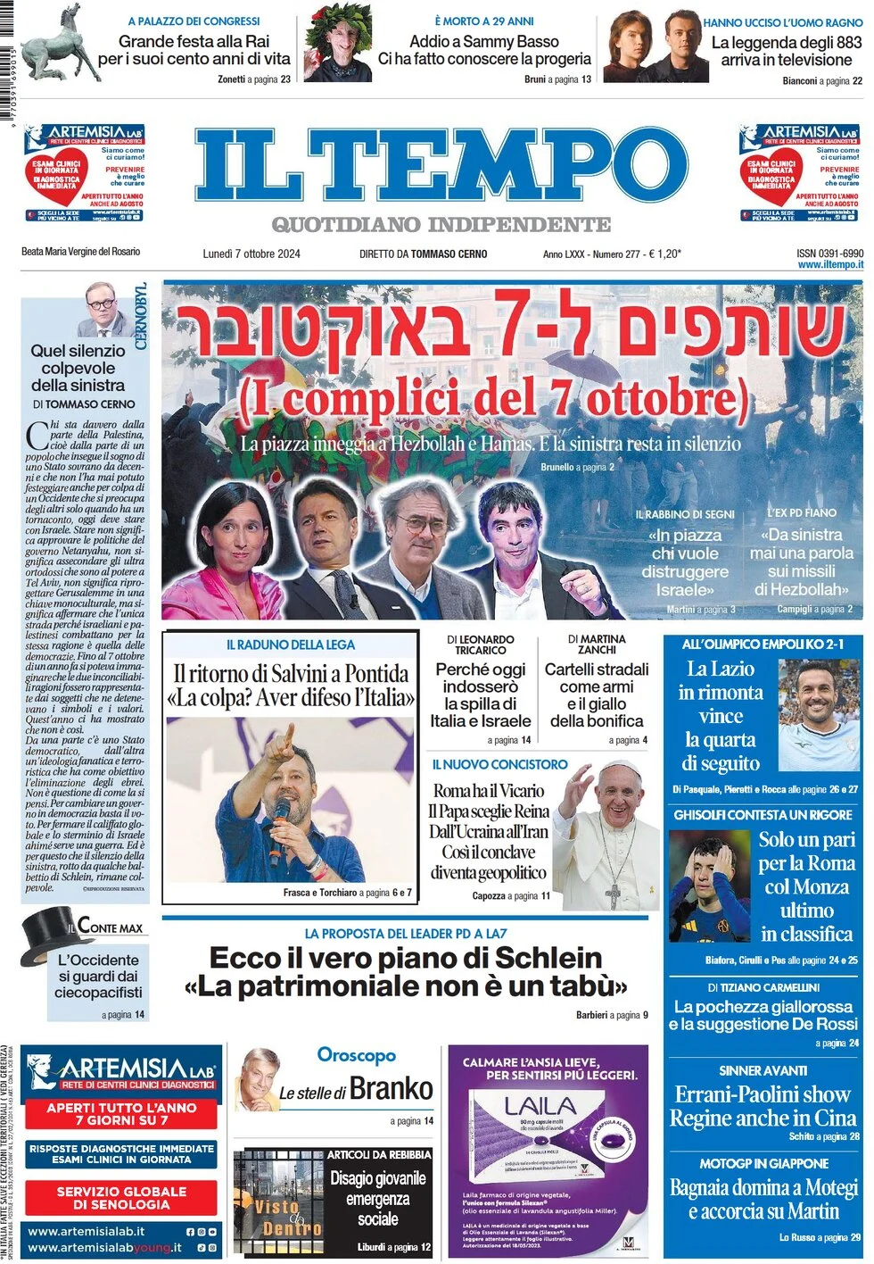 anteprima della prima pagina di il-tempo del 07/10/2024