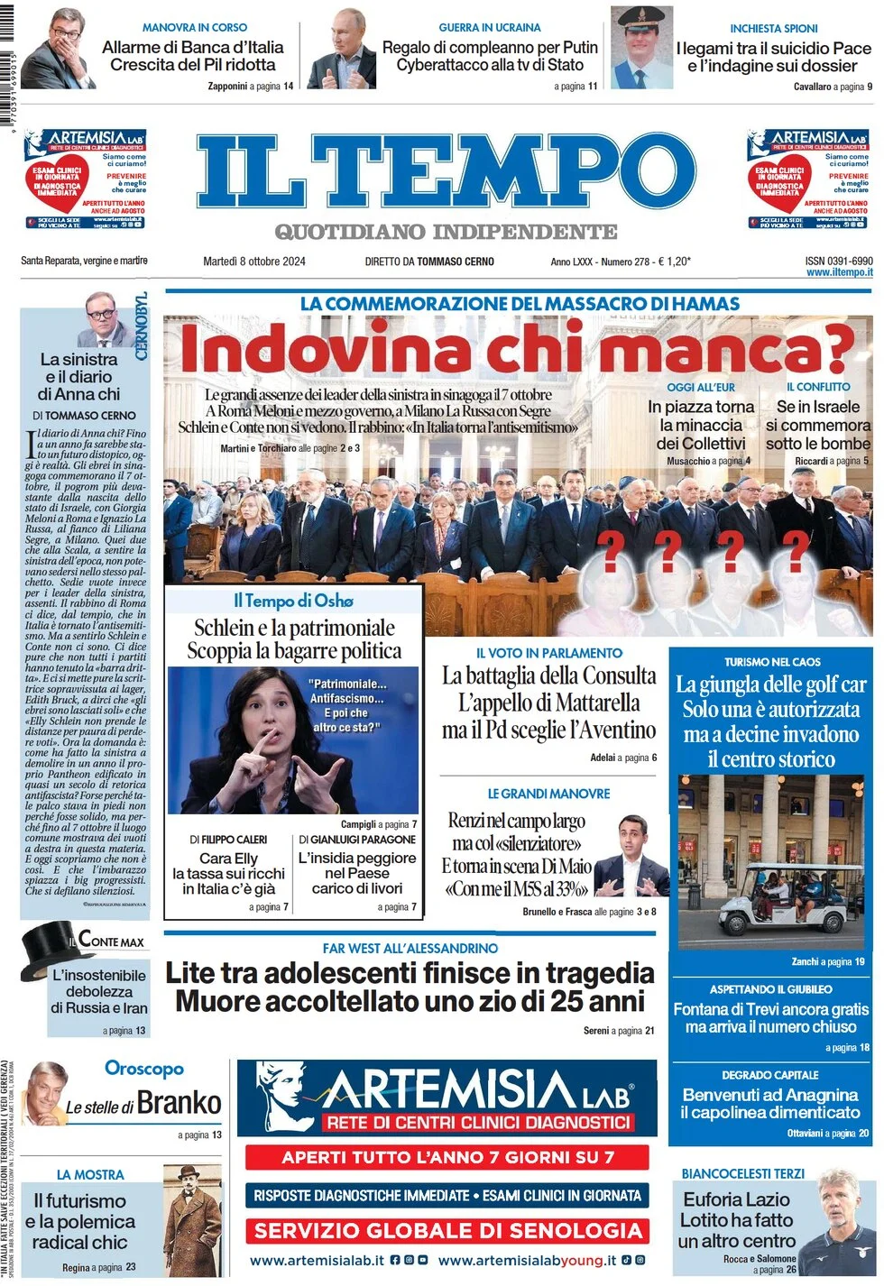 anteprima della prima pagina di il-tempo del 08/10/2024