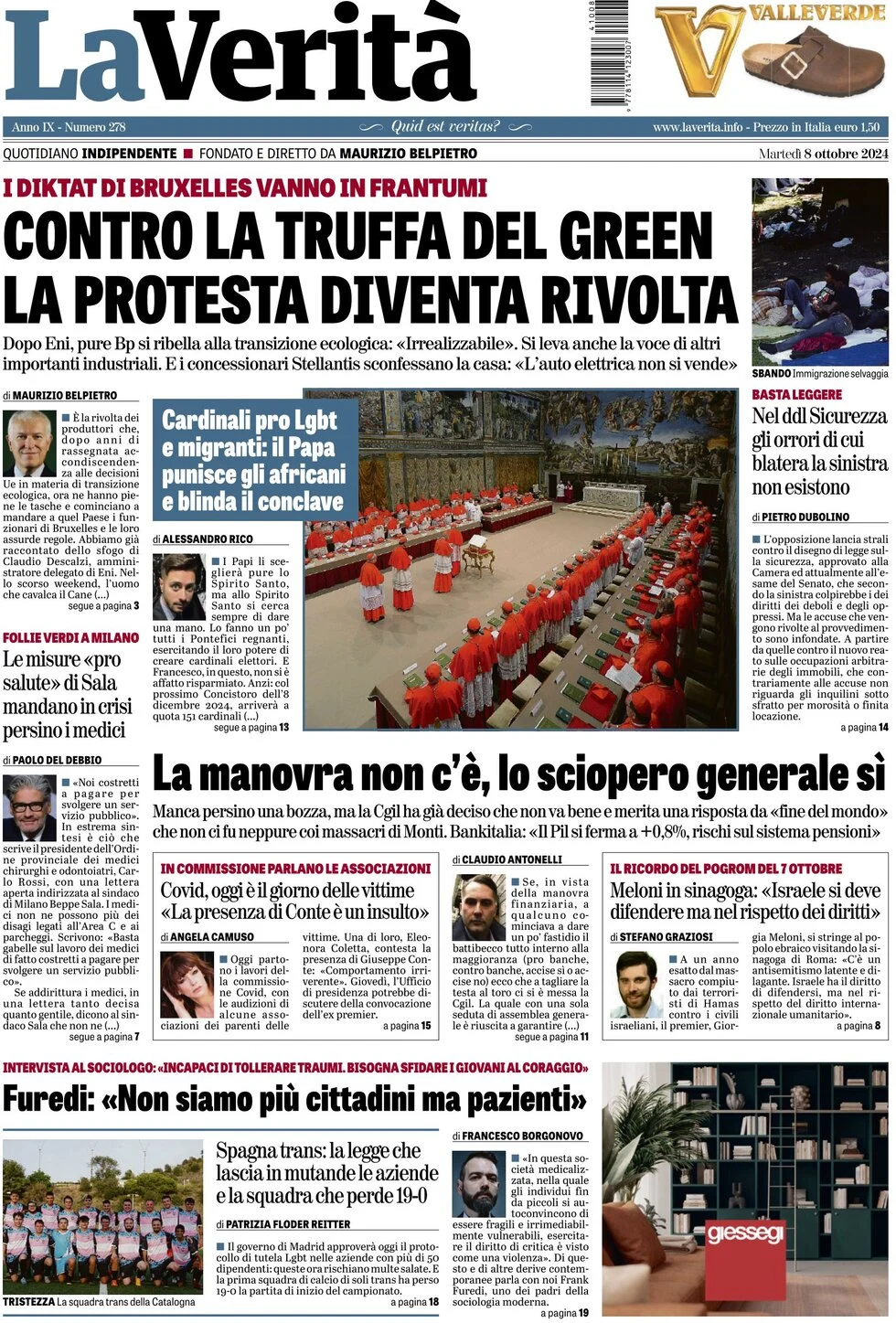 anteprima della prima pagina di la-verit del 08/10/2024