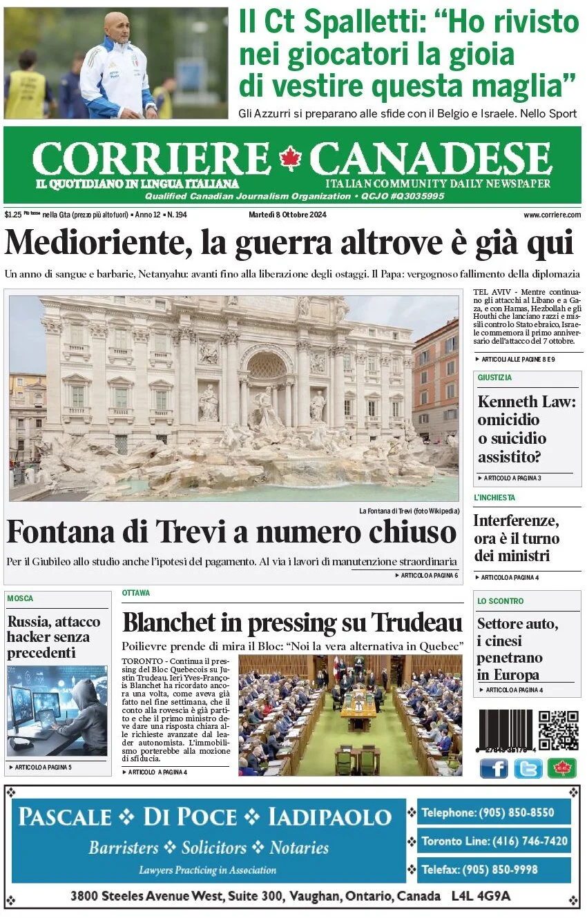 anteprima della prima pagina di corriere-canadese del 08/10/2024