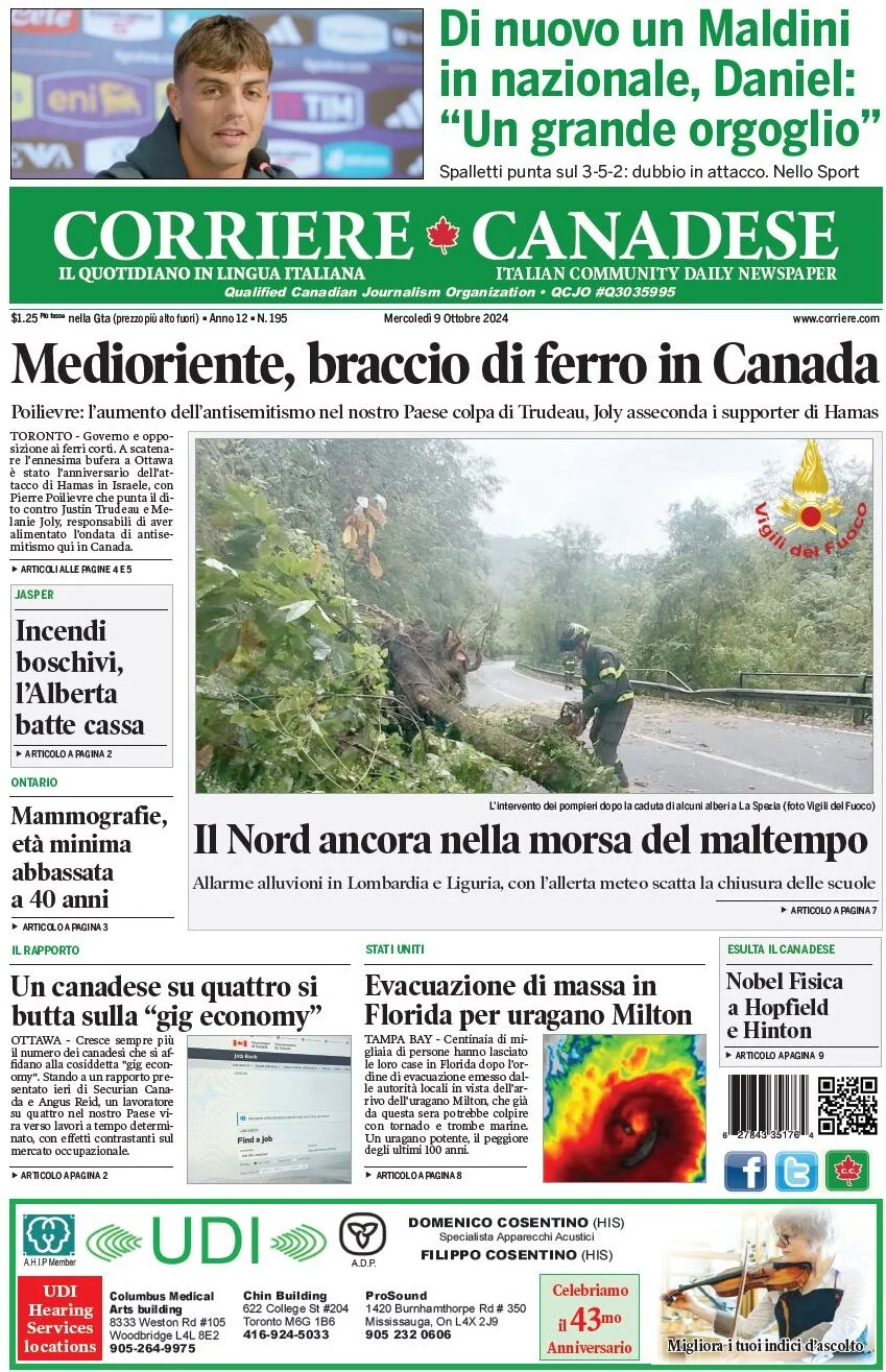 anteprima della prima pagina di corriere-canadese del 09/10/2024