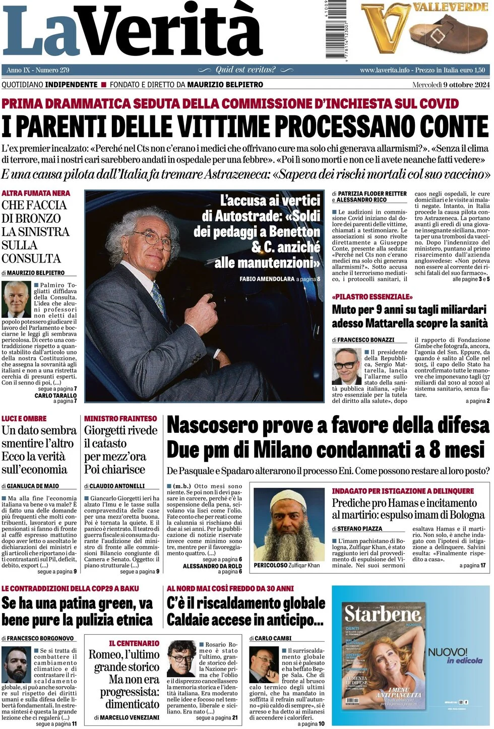 anteprima della prima pagina di la-verit del 09/10/2024