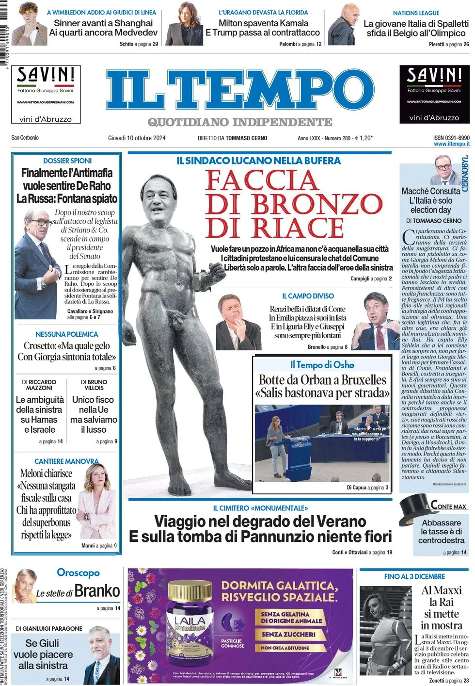 anteprima della prima pagina di il-tempo del 10/10/2024
