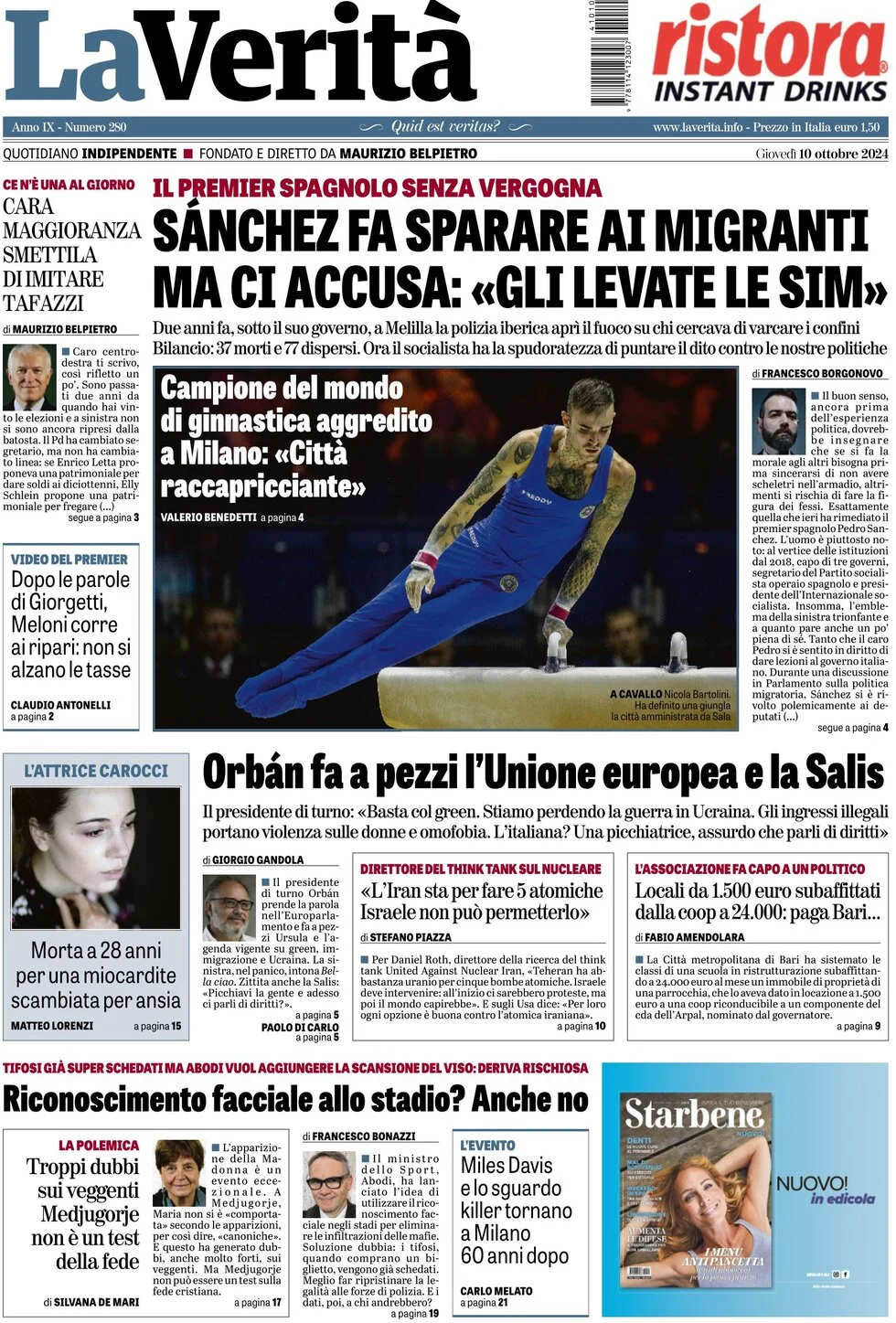 anteprima della prima pagina di la-verit del 10/10/2024