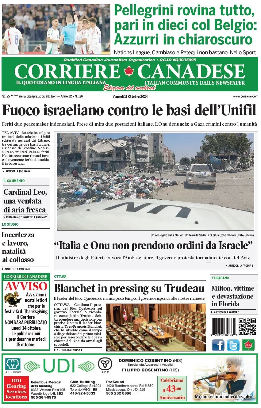 anteprima della prima pagina di corriere-canadese del 11/10/2024