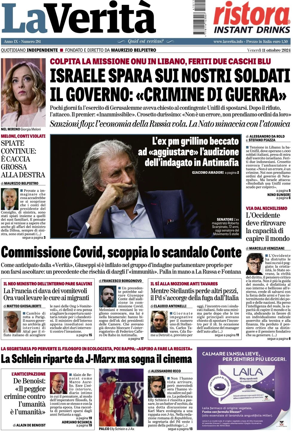anteprima della prima pagina di la-verit del 11/10/2024