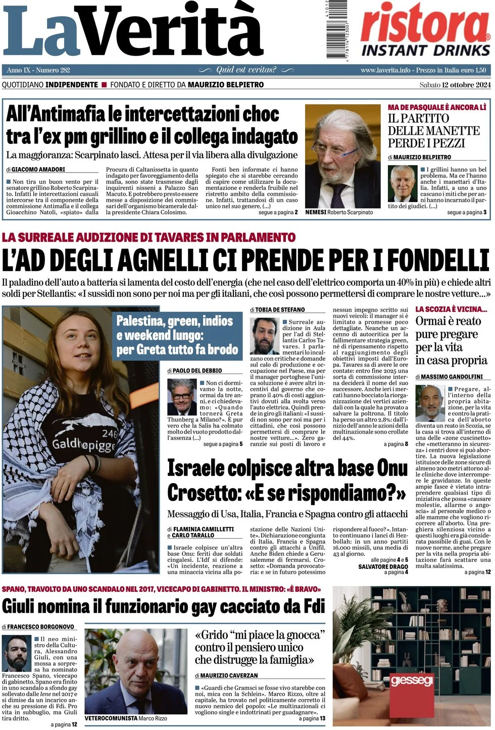 anteprima della prima pagina di la-verit del 12/10/2024