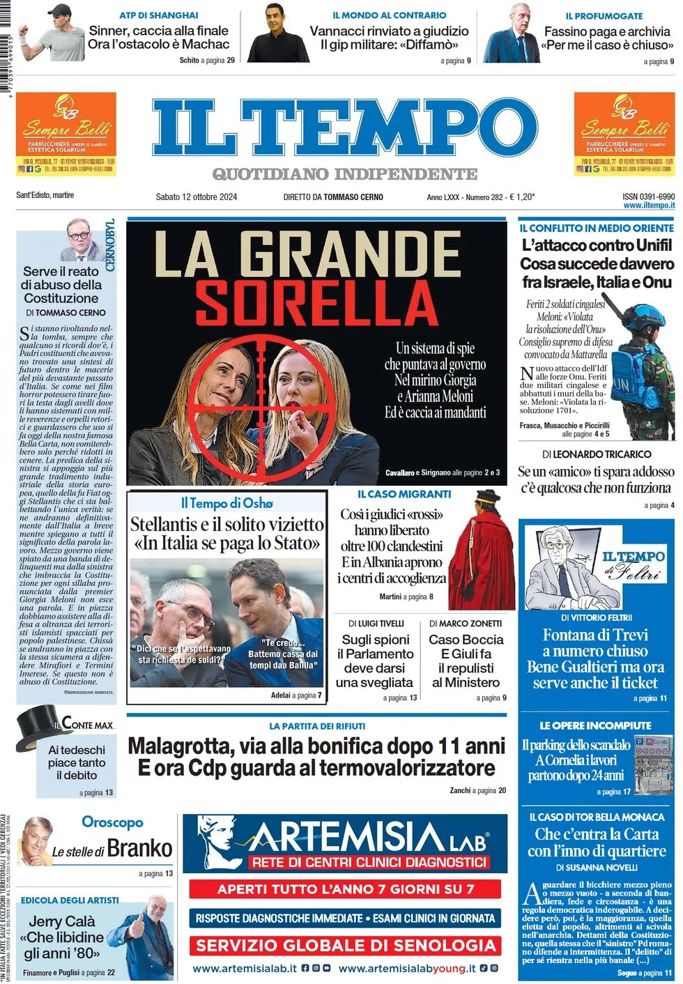 anteprima della prima pagina di il-tempo del 12/10/2024