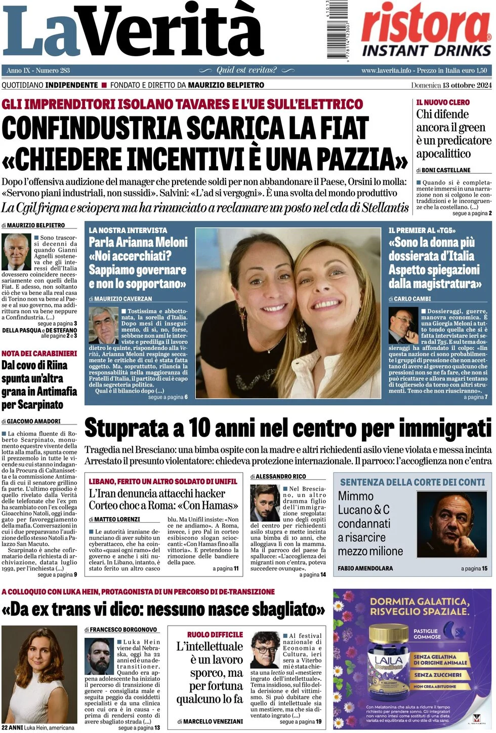 anteprima della prima pagina di la-verit del 13/10/2024