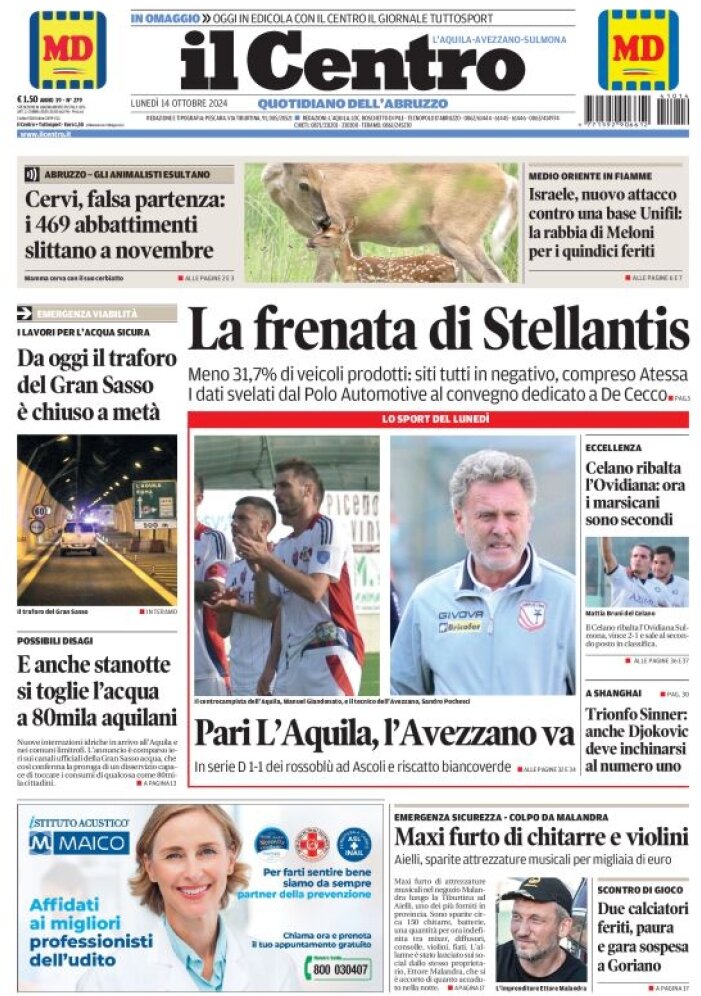 anteprima della prima pagina di il-centro-laquila del 14/10/2024