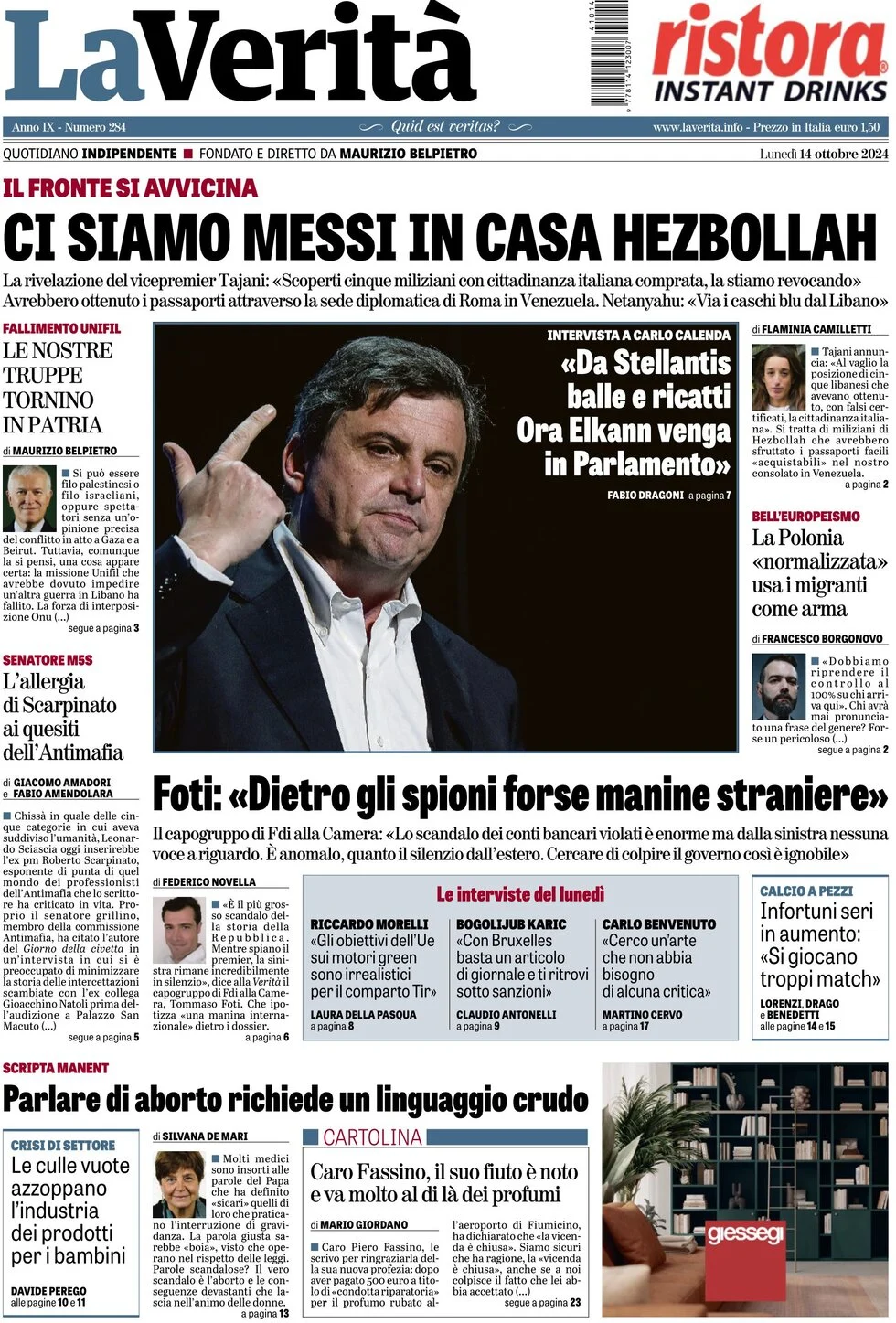 anteprima della prima pagina di la-verit del 14/10/2024