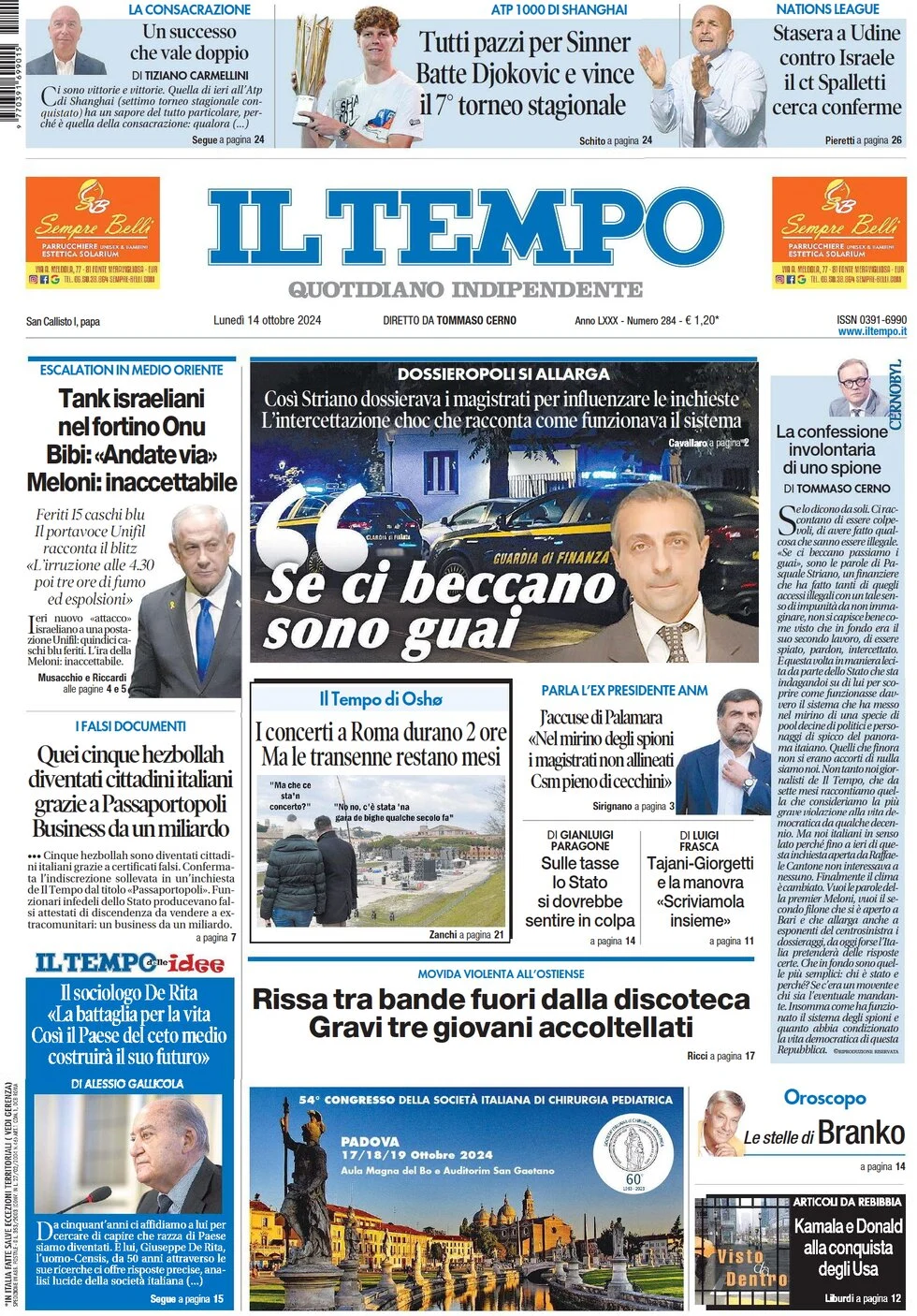 anteprima della prima pagina di il-tempo del 14/10/2024