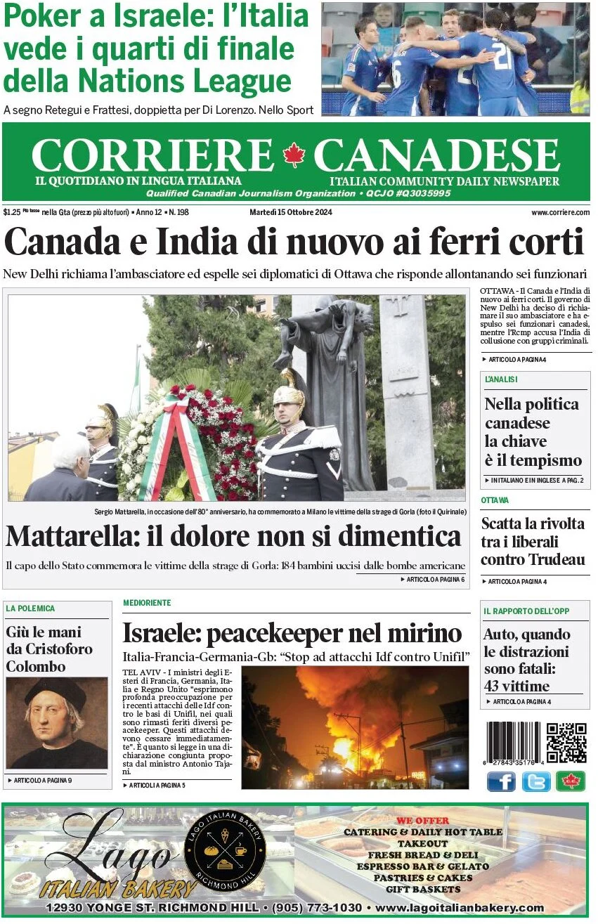 anteprima della prima pagina di corriere-canadese del 15/10/2024