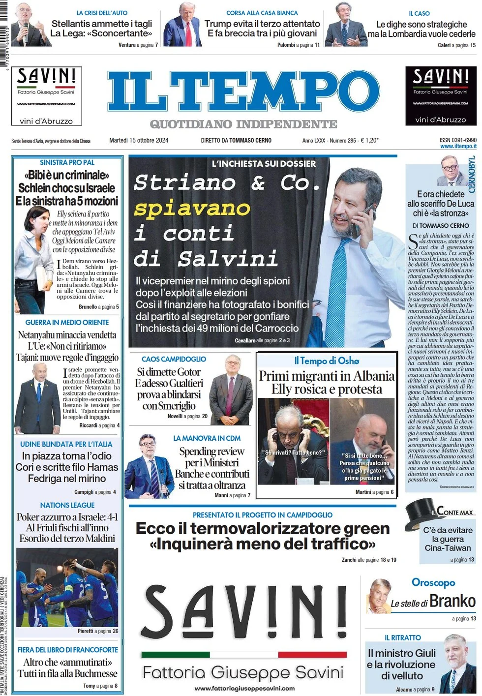 anteprima della prima pagina di il-tempo del 15/10/2024