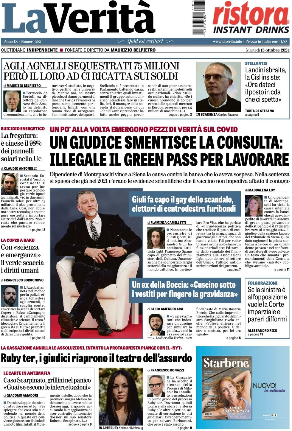 anteprima della prima pagina di la-verit del 15/10/2024