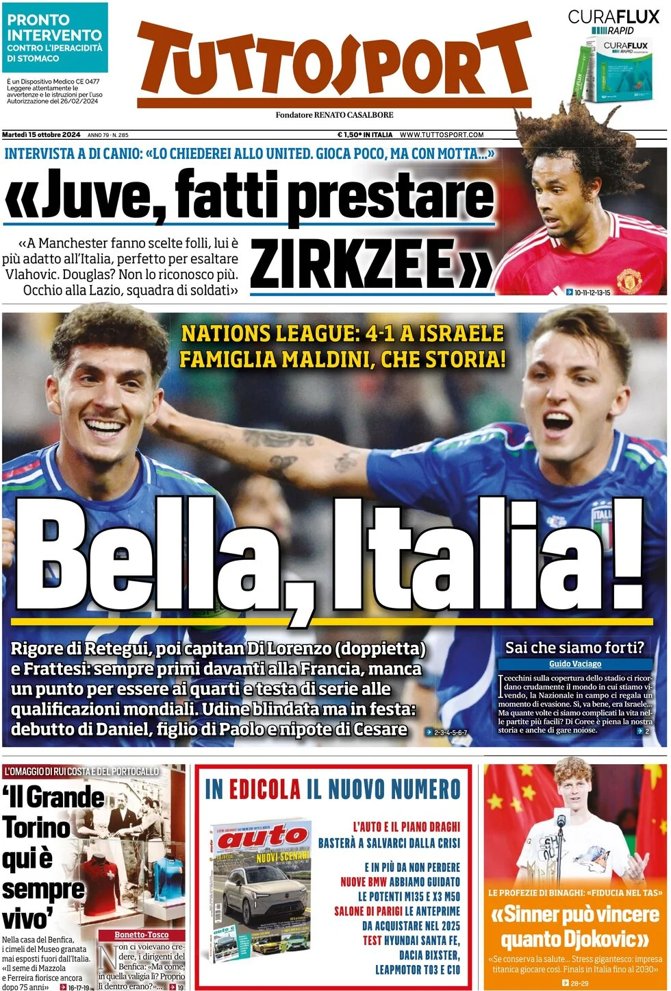 anteprima della prima pagina di tuttosport del 15/10/2024