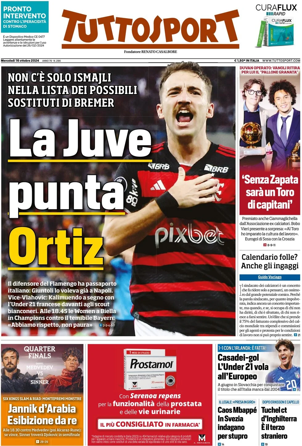 anteprima della prima pagina di tuttosport del 16/10/2024