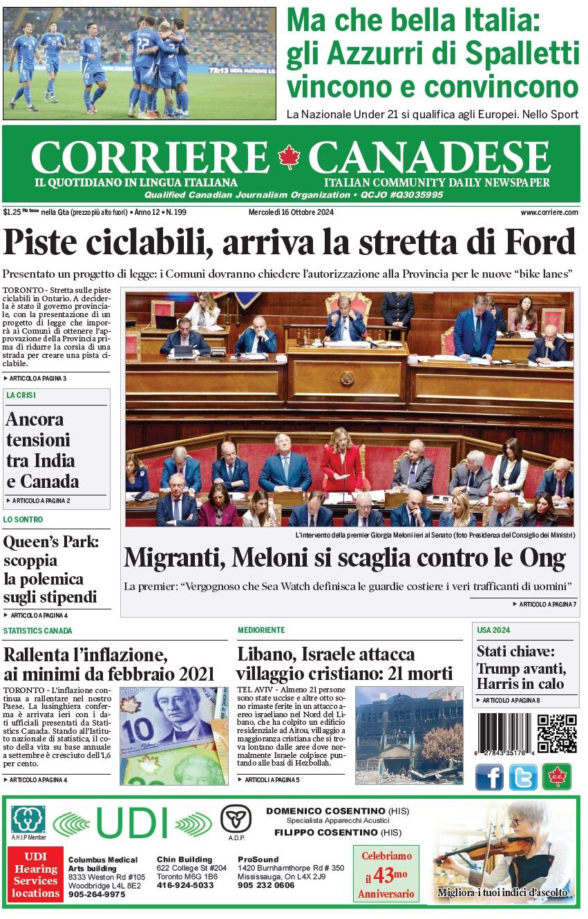 anteprima della prima pagina di corriere-canadese del 16/10/2024