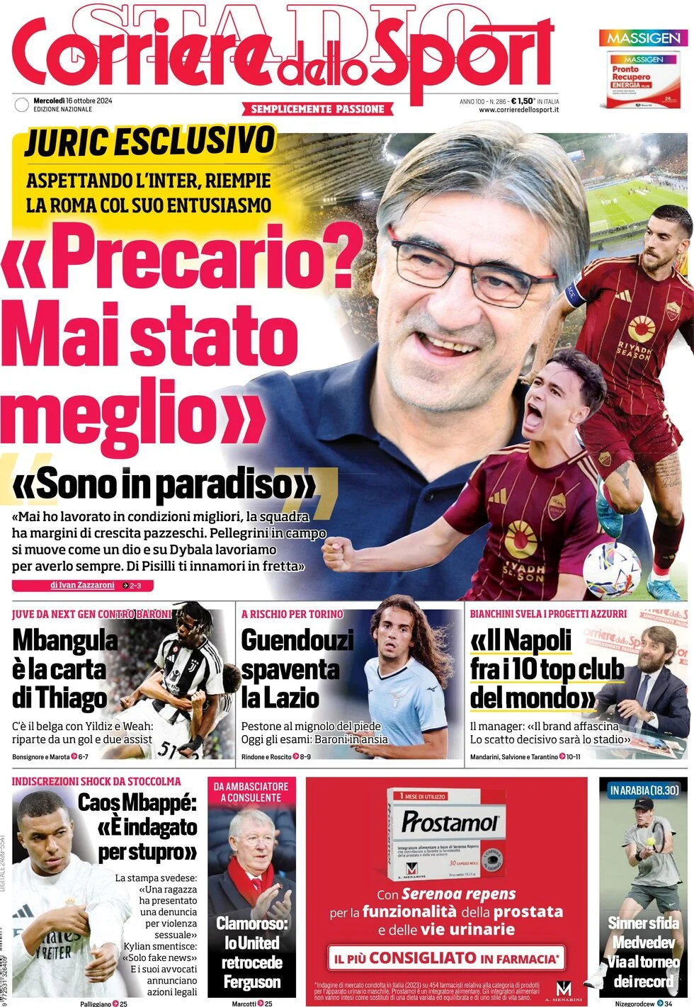 anteprima della prima pagina di corriere-dello-sport del 16/10/2024