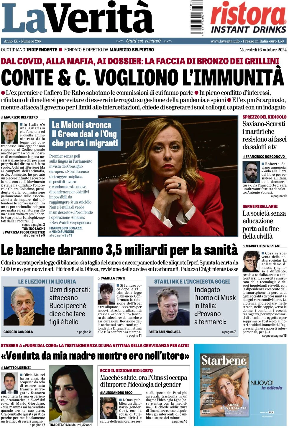 anteprima della prima pagina di la-verit del 16/10/2024