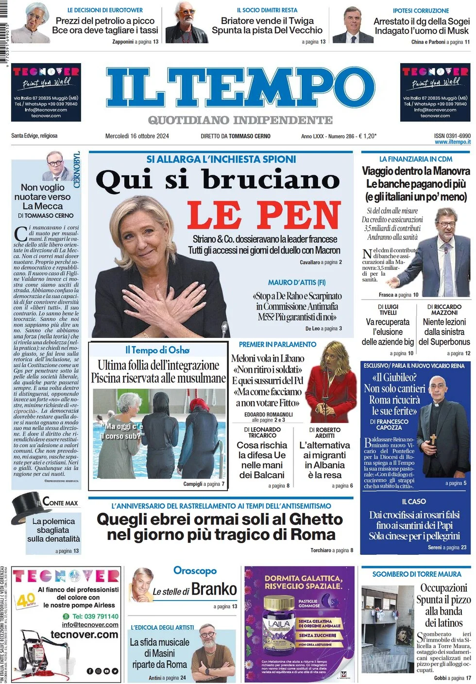 anteprima della prima pagina di il-tempo del 16/10/2024