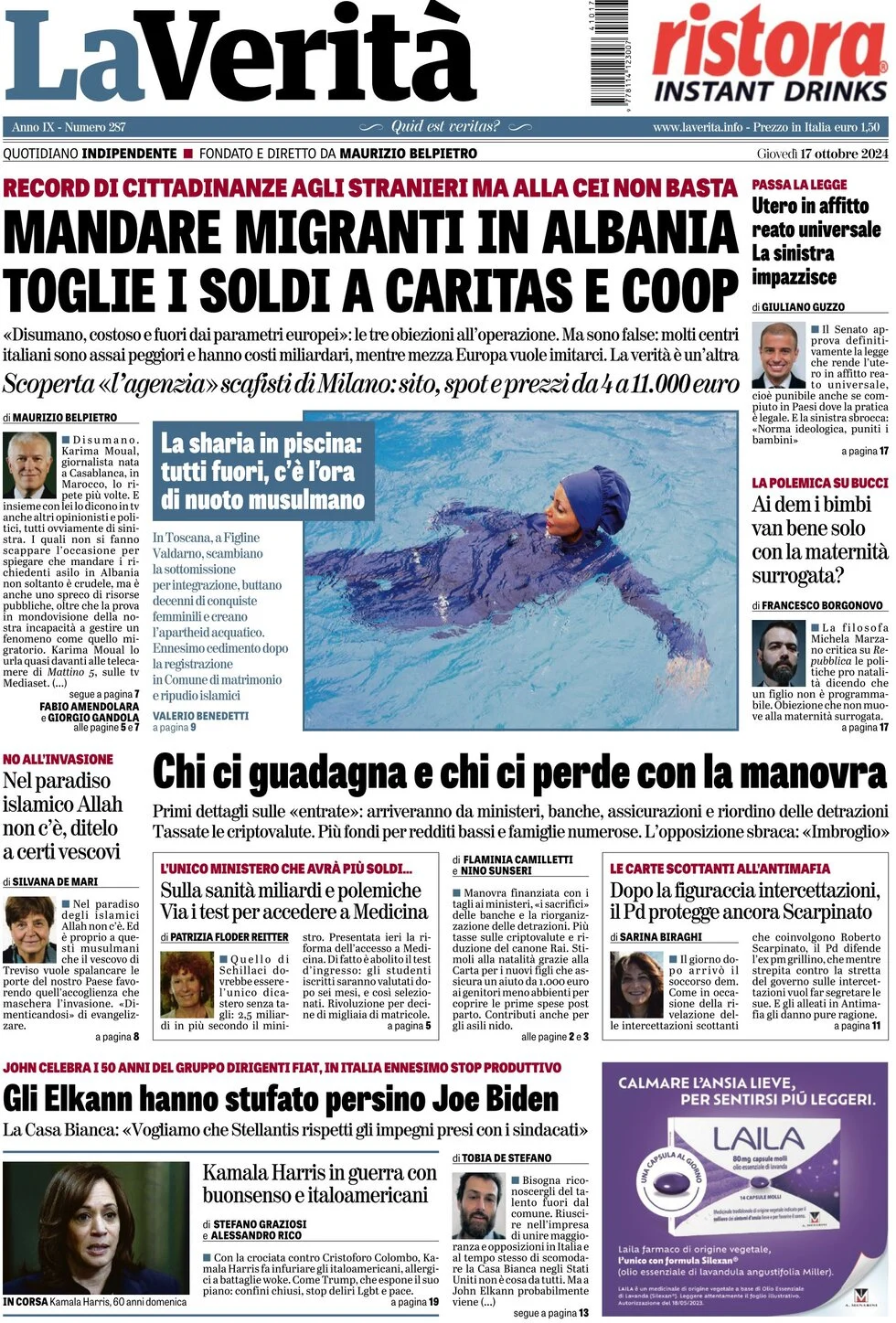 anteprima della prima pagina di la-verit del 17/10/2024