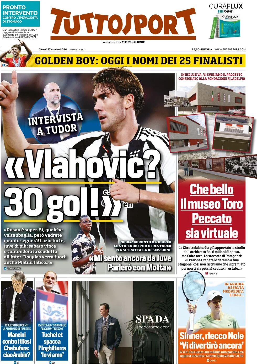 anteprima della prima pagina di tuttosport del 17/10/2024