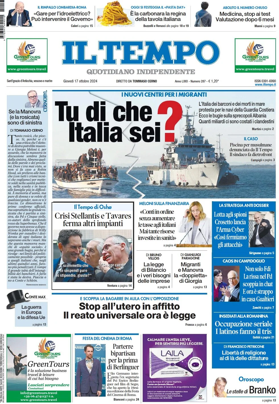 anteprima della prima pagina di il-tempo del 17/10/2024