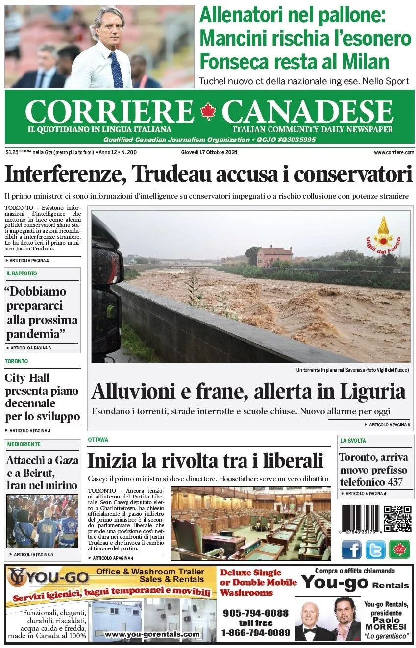 anteprima della prima pagina di corriere-canadese del 17/10/2024