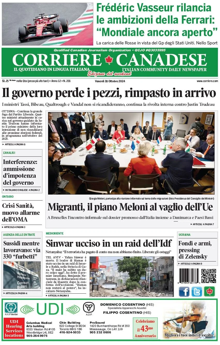 anteprima della prima pagina di corriere-canadese del 18/10/2024