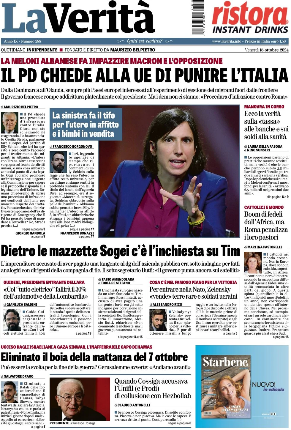 anteprima della prima pagina di la-verit del 18/10/2024