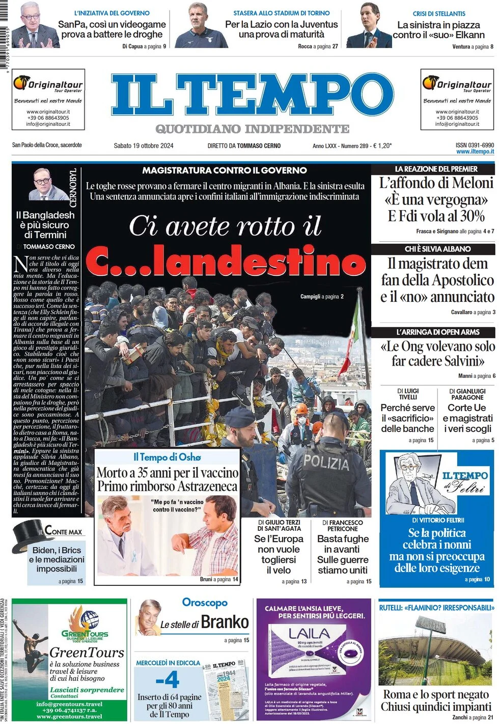 anteprima della prima pagina di il-tempo del 19/10/2024