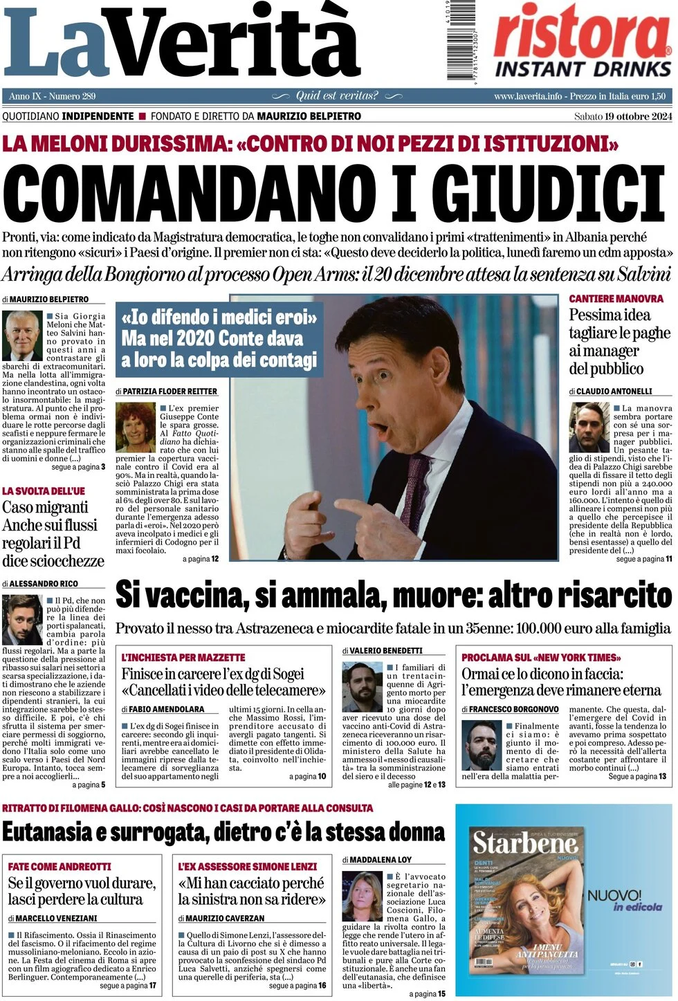 anteprima della prima pagina di la-verit del 19/10/2024