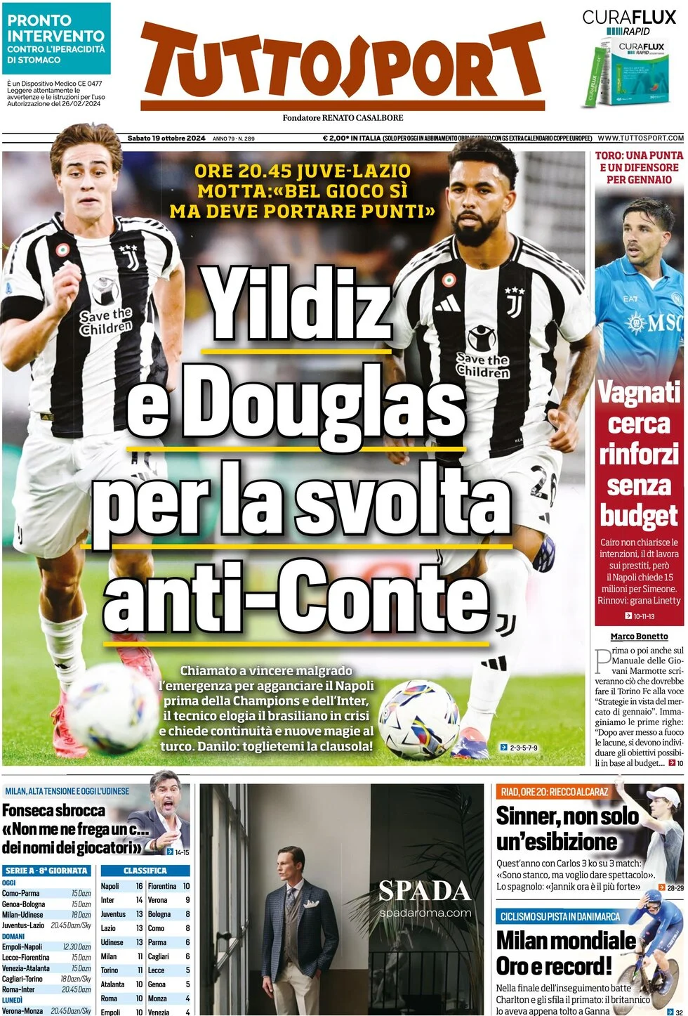 anteprima della prima pagina di tuttosport del 19/10/2024