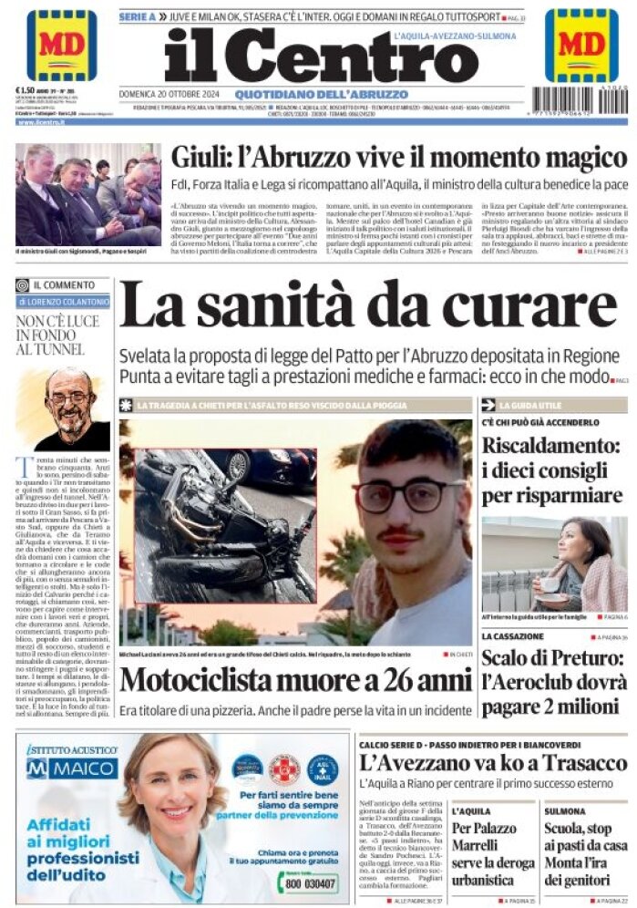 anteprima della prima pagina di il-centro-laquila del 20/10/2024