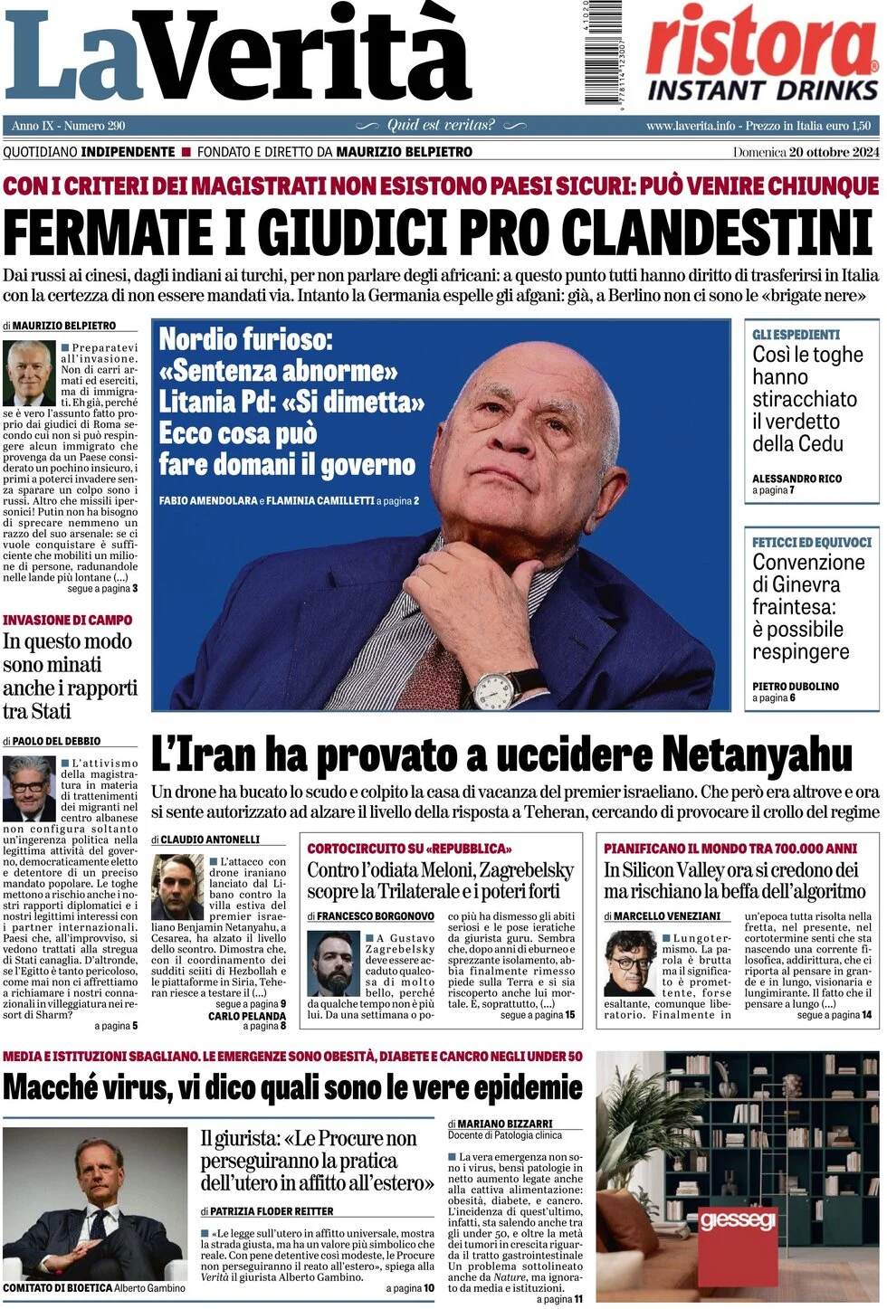 anteprima della prima pagina di la-verit del 20/10/2024