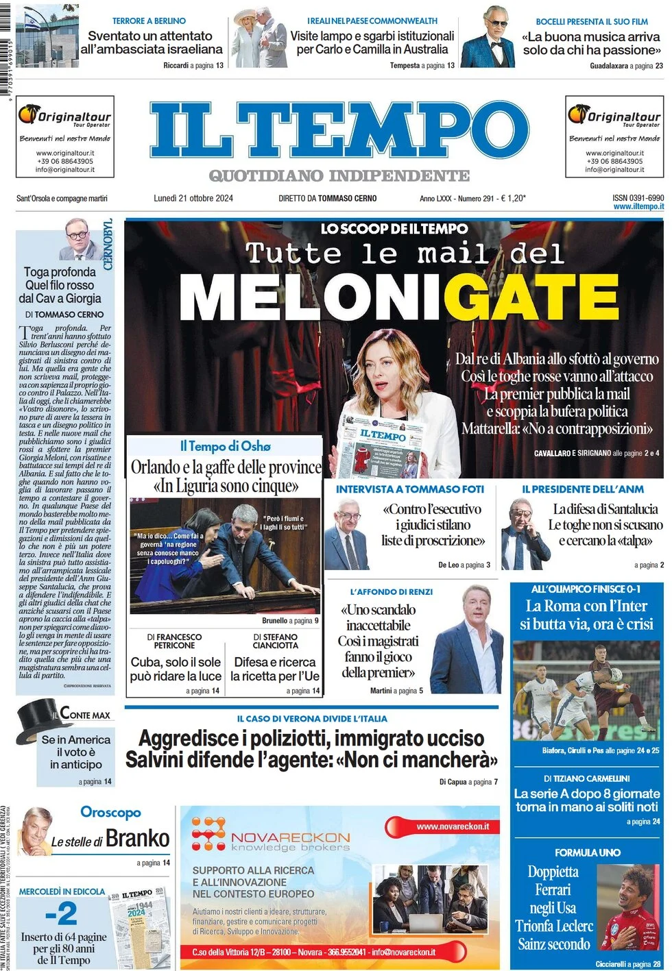 anteprima della prima pagina di il-tempo del 21/10/2024